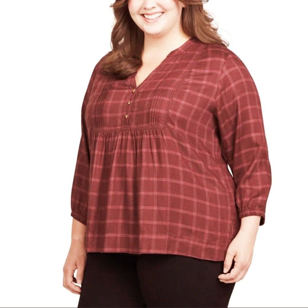 NEW Wrangler Womens Blouse Plaid 3/4 Sleeves Lightweight Elastic Cuffs XXL